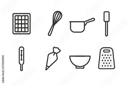 Chocolate Utensil Icons. Outline icon set of chocolate utensils: chocolate mold, whisk, saucepan, spatula, thermometer, piping bag, mixing bowl, grater. Line