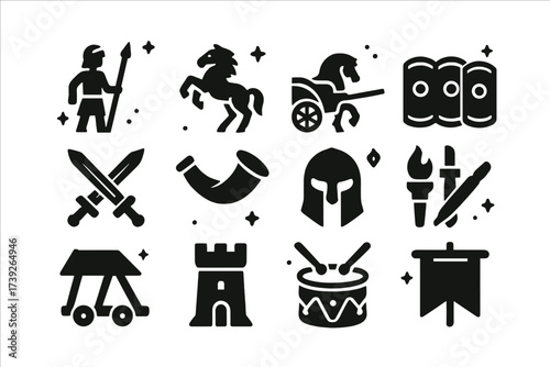 Ancient War Icons. Ancient warfare. Solid icons set of spearman, cavalry horse, war chariot, shield wall, swords clash, war horn, helmet, torch, siege ram,
