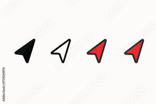 Diverse Compass Icons. Vector icon navigation compass arrow same pose same proportions four styles black solid glyph outline minimal flat multicolor filled