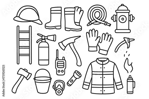 Firefighting Equipment Doodles. Firefighting equipment. Hand-drawn doodle illustration firefighting equipment helmet, boots, gloves, hose, nozzle, hydrant,