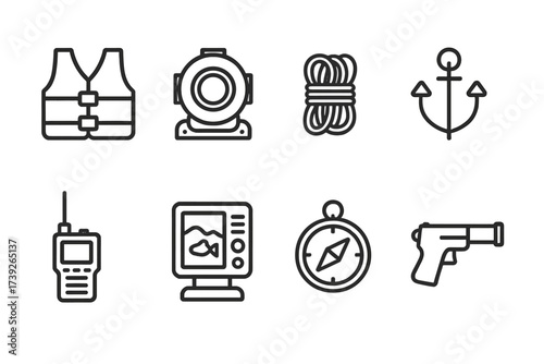 Boat Equipment Icons. Outline icon set of boat equipment and gear: life vest, diving helmet, rope coil, anchor, marine radio, sonar device, navigation compass,