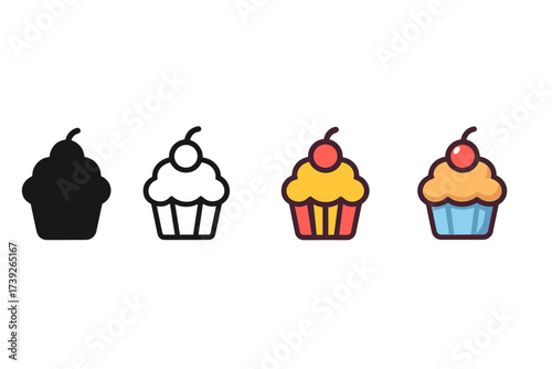 Cupcake Icon Styles. Vector icon cupcake same pose same proportions four styles black solid glyph outline minimal flat multicolor filled cartoon flat shaded.