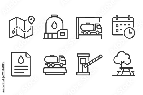 Fuel Logistics Icons. Outline icon set of fuel truck logistics: route map, fuel depot, loading dock, delivery schedule, fuel documentation, weigh station, toll