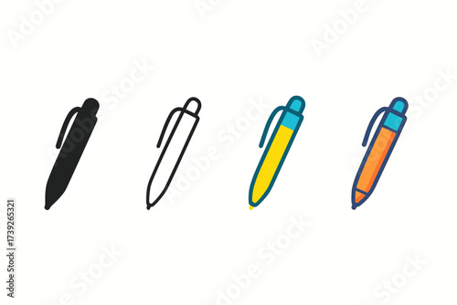 Stylized Pen Icons. Vector icon pen ballpoint same pose same proportions four styles black solid glyph outline minimal flat multicolor filled cartoon flat