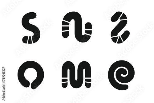 Worm Logo Grid. Fertile soil. Set Logo of Worm: Worm. Negative space, Filled silhouette, Symmetrical form, Minimal outline, Abstract geometric, Iconic shape.