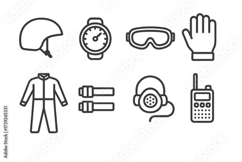 Parachute Equipment Icons. Outline icon set of parachute equipment: helmet, altimeter, goggles, gloves, jumpsuit, ankle straps, oxygen mask, communication