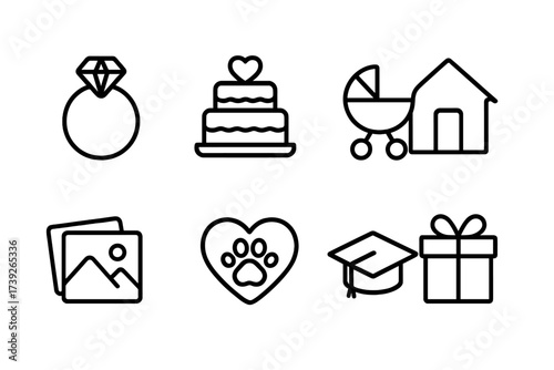 Life Milestone Icons. Outline icon set of couple milestones: engagement ring, wedding cake, baby stroller, first home, travel memories, pet adoption,