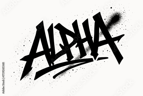 Graffiti Street Art. Alpha, streetstyle graffiti, strong jagged strokes, surrounded by spray effects, diagonal decorative composition, clean white background,