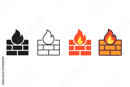Cybersecurity Icons Set. Vector icon cybersecurity firewall same pose same proportions four styles black solid glyph outline minimal flat multicolor filled