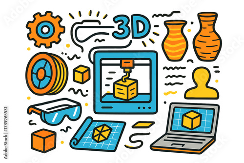 3D Printing Doodle. 3D printing. Colorful Hand-drawn doodle Children illustration 3D printing printer machine, filament spool, cube, gear, vase, model, layer