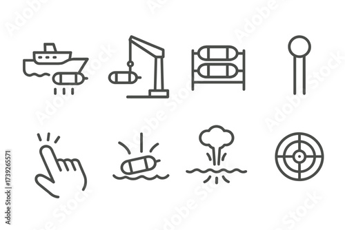Depth Charge Icon Set. Outline icon set of depth charge deployment: ship deck release, crane arm, loading rack, safety pin, launch button, splash effect,