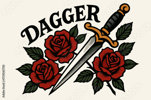 Dagger with Roses Tattoo. Dagger, old-school tattoo lettering, sharp bold curves, surrounded by roses, diagonal decorative composition, clean white background,