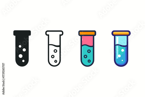 Chemistry Test Tube Icons. Vector icon test tube chemistry same pose same proportions four styles black solid glyph outline minimal flat multicolor filled
