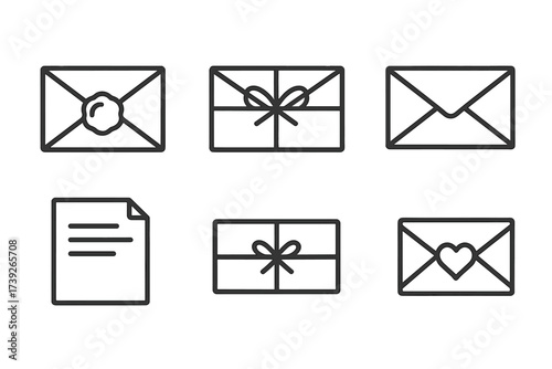 Sealed Letters Icon Set. Outline icon set of sealed letters: wax seal, envelope with ribbon, closed envelope, heart seal, old-fashioned letter, string tied