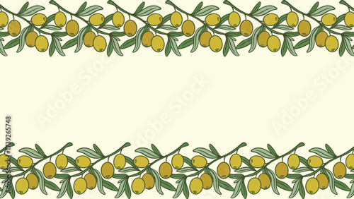 Olive template with copy space. Horizontal layout with frame of green olive branches. Banner with border of ripe olives, vector graphic