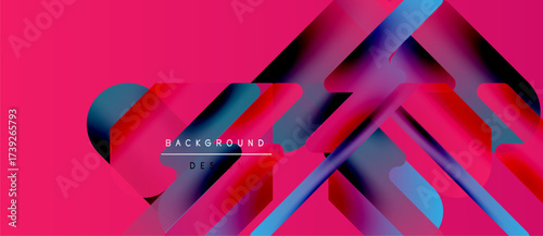 Abstract geometric shapes overlap, creating vibrant pink, blue gradients. Modern design suggests dynamic movement, visual interest.