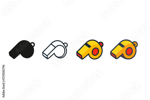 Stylish Whistle Icons. Vector icon sports whistle same pose same proportions four styles black solid glyph outline minimal flat multicolor filled cartoon flat