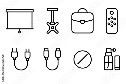 Projector Accessory Icons. Outline icon set of projector accessories: projector screen, ceiling mount, carrying case, remote control, power cable, HDMI cable,