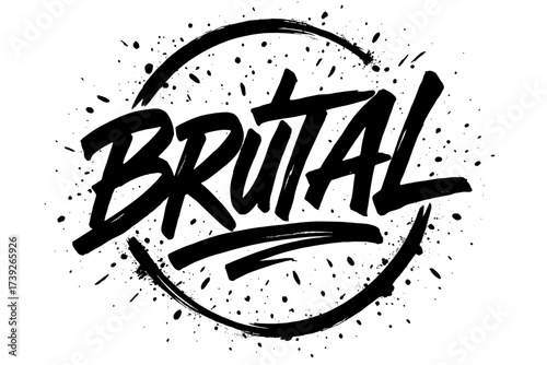 Graffiti Calligraphy Art. Brutal, graffiti style calligraphy, raw thick strokes, surrounded by splatter sparks, circular frame composition, clean white