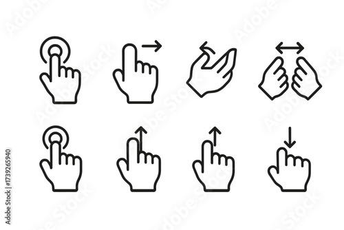 Touch Gesture Icons. Outline icon set of touch actions: press and hold, flick, pinch out, pinch in, double tap zoom, tap and drag, swipe up, swipe down. Line