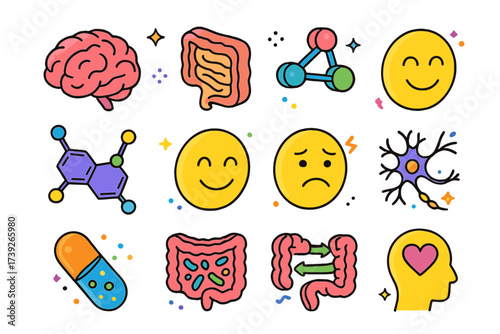 Gut-Brain Axis Icons. Gut-brain axis. Colorful isometric vector icons set of gut-brain axis: human brain, intestine cross-section, neural connection lines,