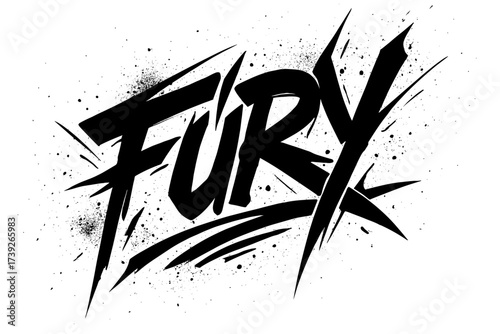 Fury Graffiti Art. Fury, graffiti lettering, aggressive wild strokes, surrounded by spray textures, diagonal decorative composition, clean white background,