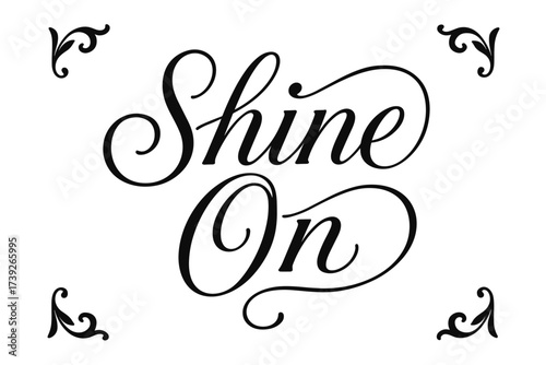 Elegant Calligraphy Design. Shine On, elegant calligraphy lettering, smooth curves, balanced composition, clear readable letters, consistent style, none,