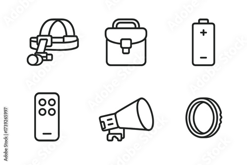 Night Vision Accessories Icons. Outline icon set of night vision accessories: head strap, carrying case, lens cleaning cloth, rechargeable battery, remote
