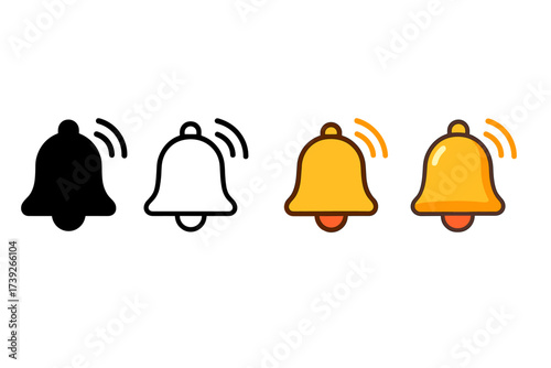 Notification Bell Icons. Vector icon notification bell same pose same proportions four styles black solid glyph outline minimal flat multicolor filled cartoon