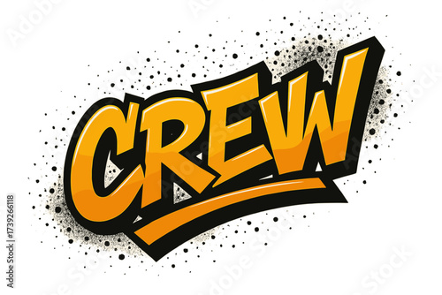Graffiti Crew Art. Crew, graffiti style, urban bold strokes, surrounded by spray dots, diagonal decorative composition, clean white background, vector look,