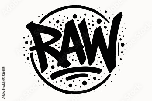 Bold Graffiti Art. Raw, graffiti lettering, thick aggressive strokes, surrounded by paint dots, circular frame composition, clean white background, vector