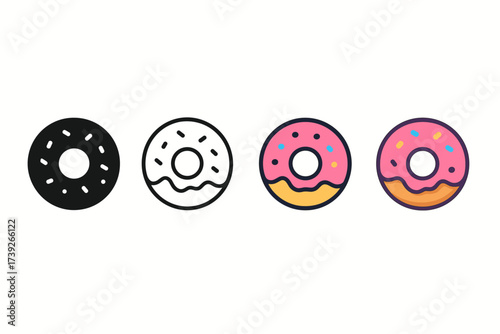 Donut and Bread Icons. Vector icon donut sweet same pose same proportions four styles black solid glyph outline minimal flat multicolor filled cartoon flat
