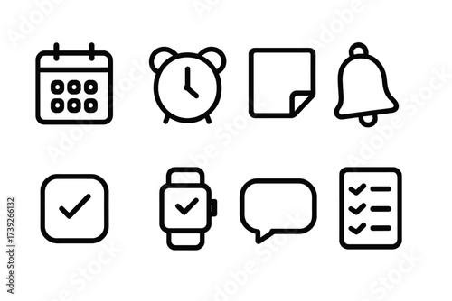 Promise Reminder Icons. Outline icon set of promise reminders: calendar, alarm clock, sticky note, bell, reminder app, watch, notification, checklist. Line