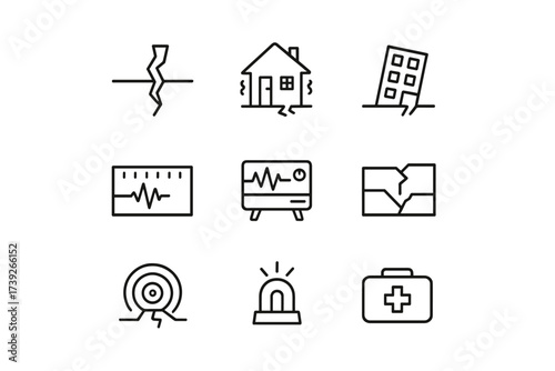 Earthquake Icon Set. Earthquakes. Line icon set of Earthquakes: cracked ground, shaking house, collapsed building, Richter scale, seismograph, tectonic plates,