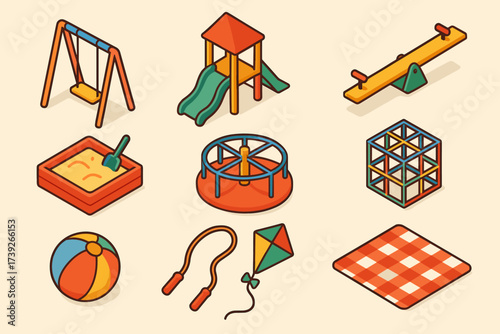 Outdoor Playtime Icons. Outdoor playtime. Colorful isometric vector icons set of outdoor playtime: swing, slide, seesaw, sandbox, merry-go-round, climbing