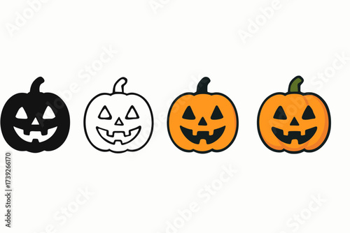 Halloween Pumpkin Icons. Vector icon Halloween pumpkin lantern same pose same proportions four styles black solid glyph outline minimal flat multicolor filled