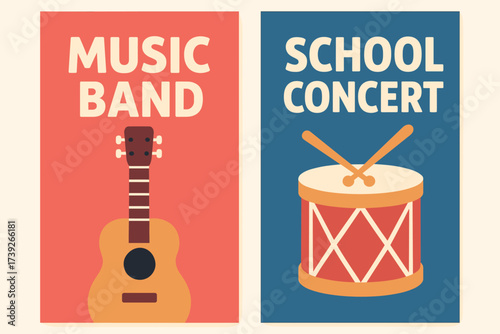 Music Band Banners. Two vertical A6 banners, flat vector design, coral pink and blue backgrounds, music instruments guitar and drum, school band theme, first