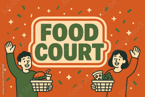 Festive Food Court Banner. Food Court banner, flat vector illustration, bold oversized text inside sticker outline, cartoon characters waving with food