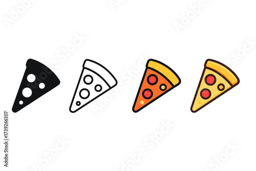 Diverse Pizza Icon Styles. Vector icon pizza slice same pose same proportions four styles black solid glyph outline minimal flat multicolor filled cartoon flat