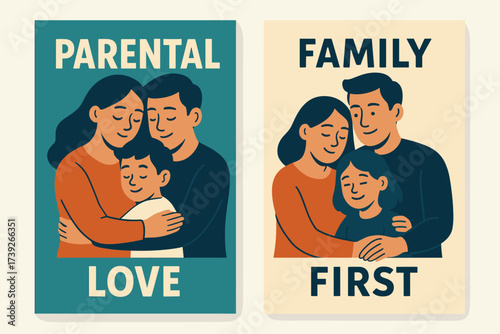 Family Banners. Two vertical A6 banners, flat vector design, teal and cream backgrounds, parents hugging children, family bond theme, first banner with text