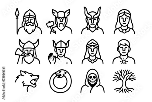 Norse Mythology Icons. Norse Mythology. Line icon set of Norse Mythology: Odin, Thor, Loki, Freyja, Heimdall, Tyr, Frigg, Balder, Fenrir, Jormungandr, Hel,