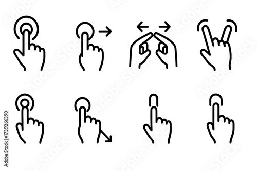 Touch Gesture Icons. Outline icon set of touch actions: press and hold, flick, pinch out, pinch in, double tap zoom, tap and drag, swipe up, swipe down. Line
