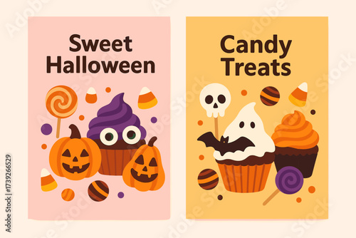 Sweet Halloween Banners. Two vertical A6 banners, flat vector design, light pink and yellow backgrounds, halloween cupcakes, sweets, lollipops, candy corn,