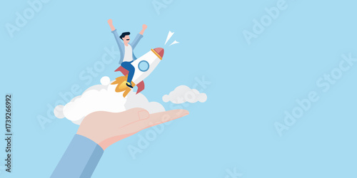 Man riding a rocket launching from a hand into the sky with clouds symbolizing success and growth