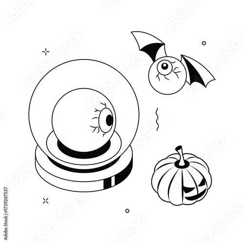 Creepy eyeball crystal ball with flying bat and pumpkin,