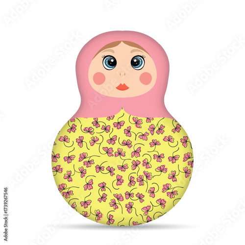 Russian Matryoshka. Traditional Russian folklore dolls with big eyes and lips. Babushka doll with hohloma, traditional painted floral pattern. Hand drawn vector illustration.