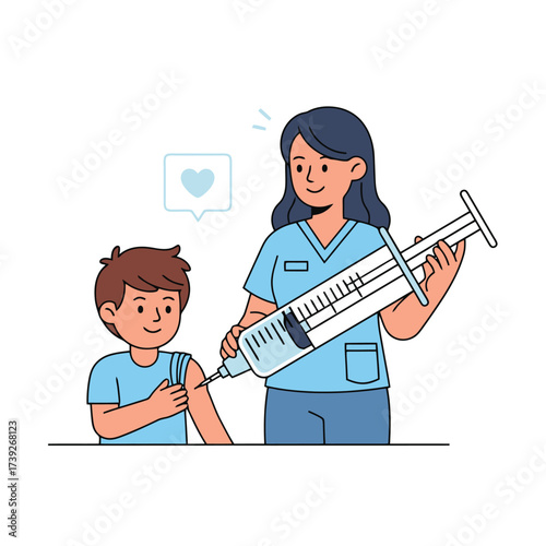 Kind nurse administering vaccine to young boy with care, showcasing health and wellness, promoting vaccination awareness