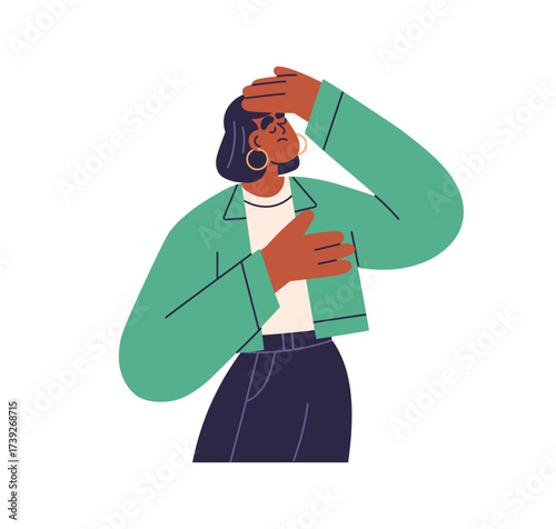Woman suffering from headache. Female feeling unwell, unhealthy, hand on forehead. Ill sick tired exhausted person with head ache, migraine. Flat vector illustration isolated on white background
