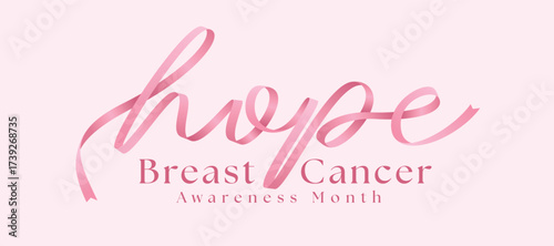 Breast cancer awareness month - hope text with long pink ribbon awareness roll waving vector design
