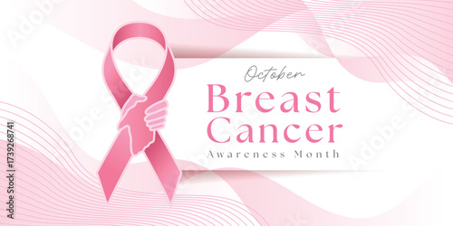 October Breast cancer awareness month - Text and pink ribbon with hand hold hand on line and curve texture background vector design